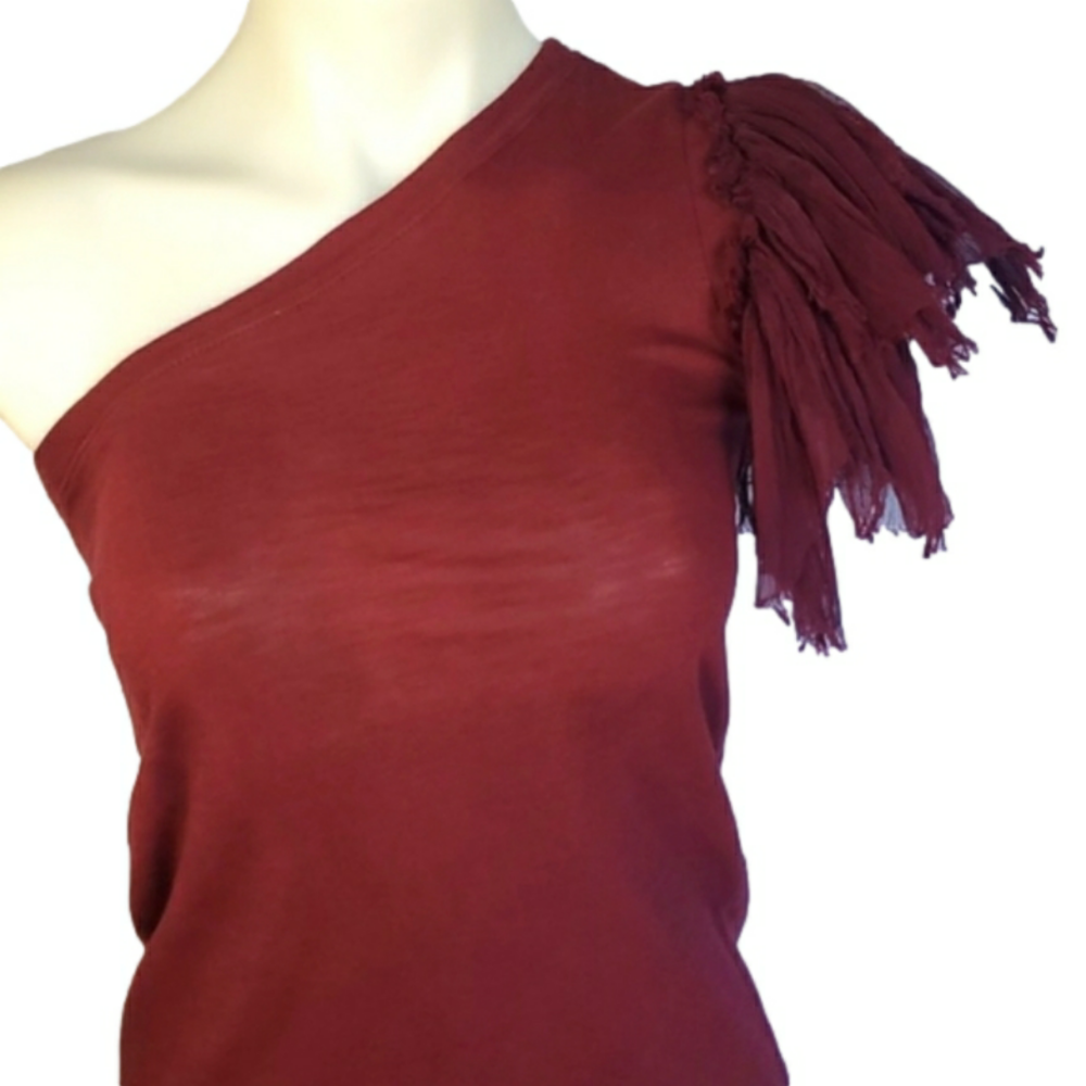 One shoulder assymetrical burgundy merlot red ruffle puff sleeve shirt